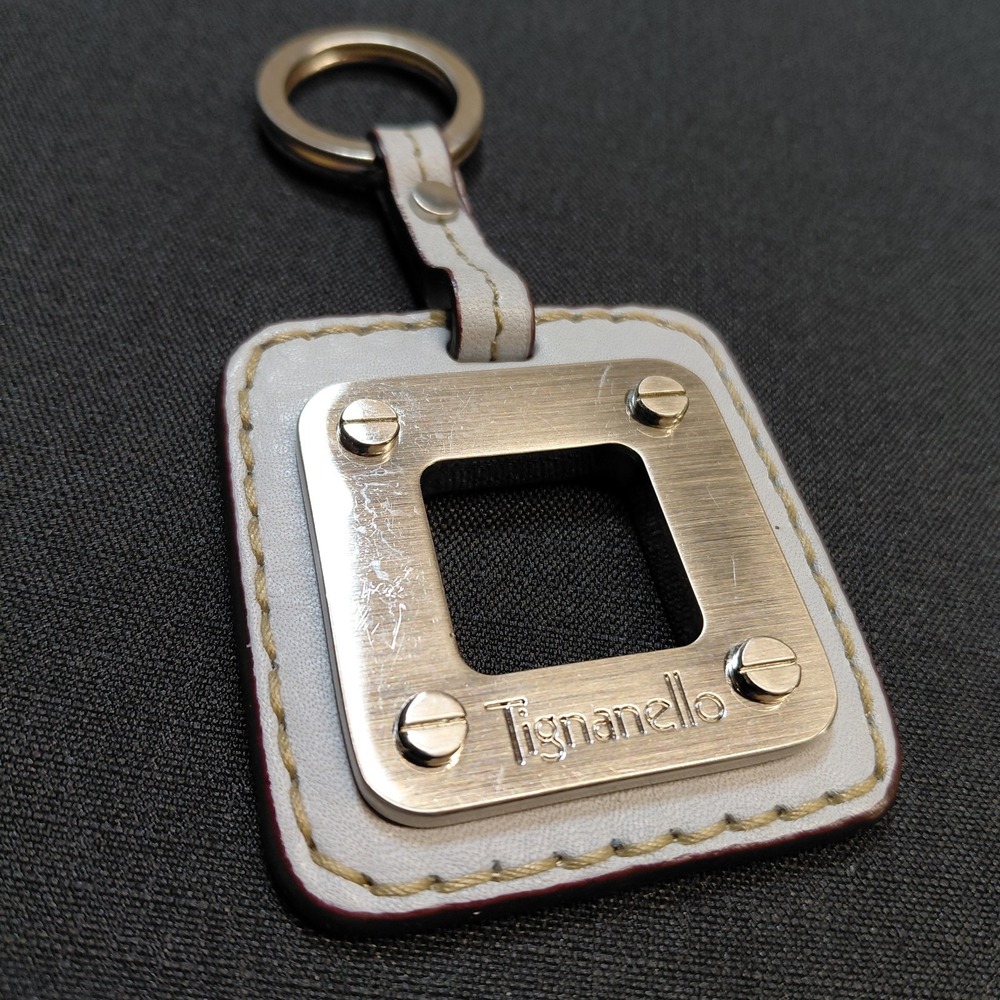 Tignanello Gray Leather Silver Metal Square Key Fob Bag Charm Keychain Hang Tag